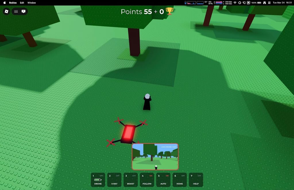 A drone following a player through the game world.