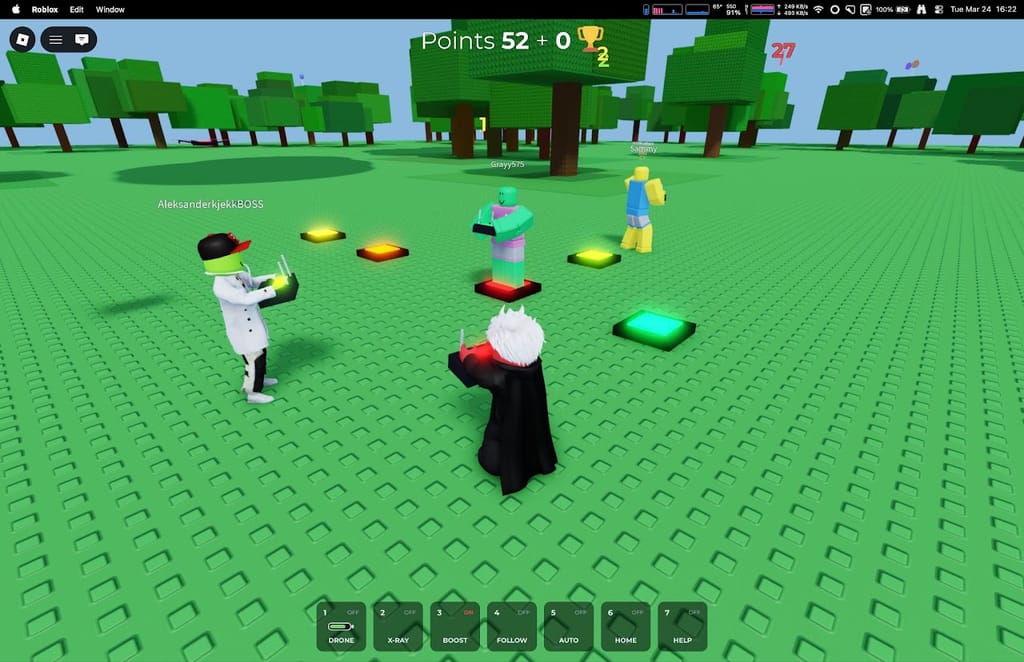 Several players flying colorful drones together.