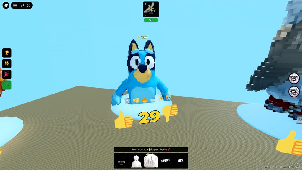 A completed block-built Bluey character displayed for player votes in Emilie's 3D Printer game.