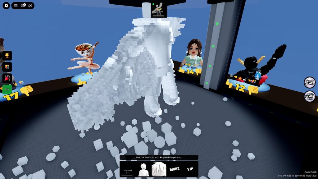 A large white character model being assembled block by block inside Emilie's 3D Printer machine.