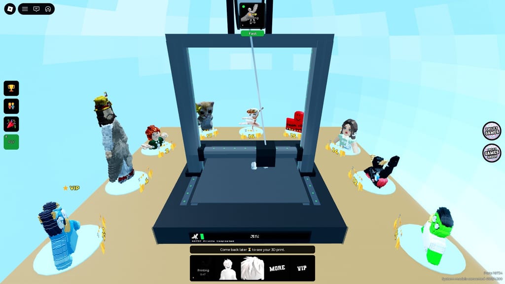 The giant printing machine surrounded by completed block-built character models in Emilie's 3D Printer game.