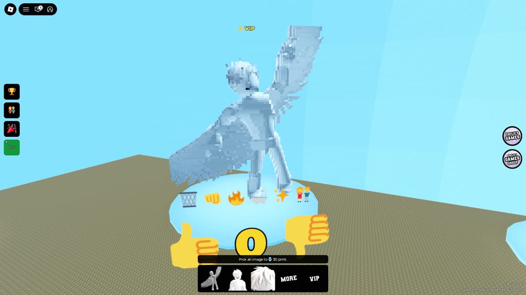 A completed white winged character model displayed on a gallery platform in Emilie's 3D Printer game.