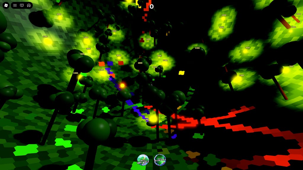 Night view inside Emilie's Bowl World with glowing point coins, dark trees, and red, green, and purple painted trails across curved grass tiles.