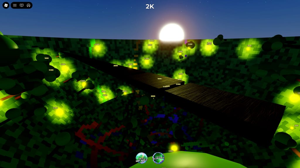 A wooden bridge connecting treetops high above Emilie's Bowl World as glowing coins light the curved arena at sunset.