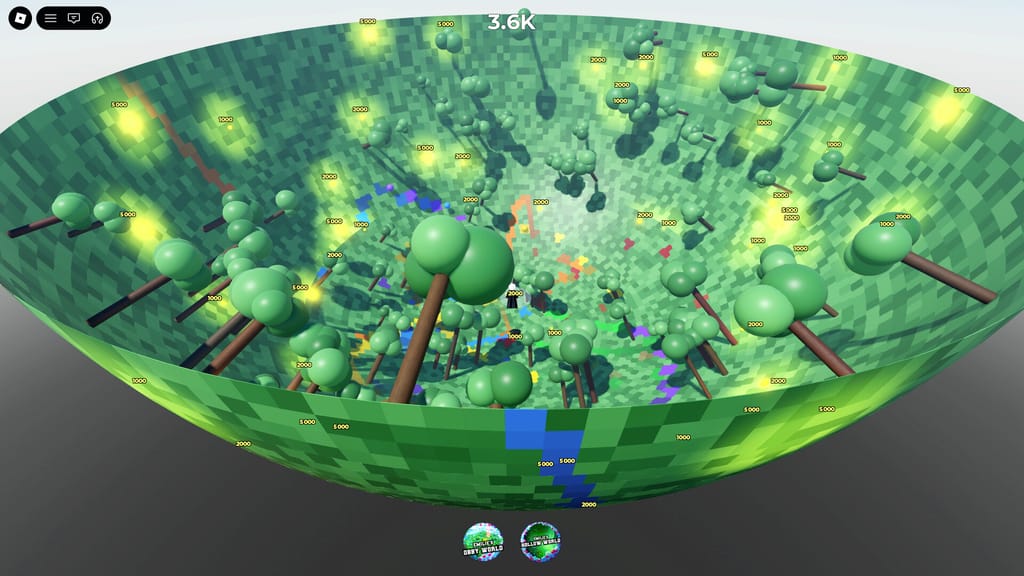 Wide exterior view of Emilie's Bowl World showing the enormous green bowl filled with trees, glowing coins, and colorful painted paths.