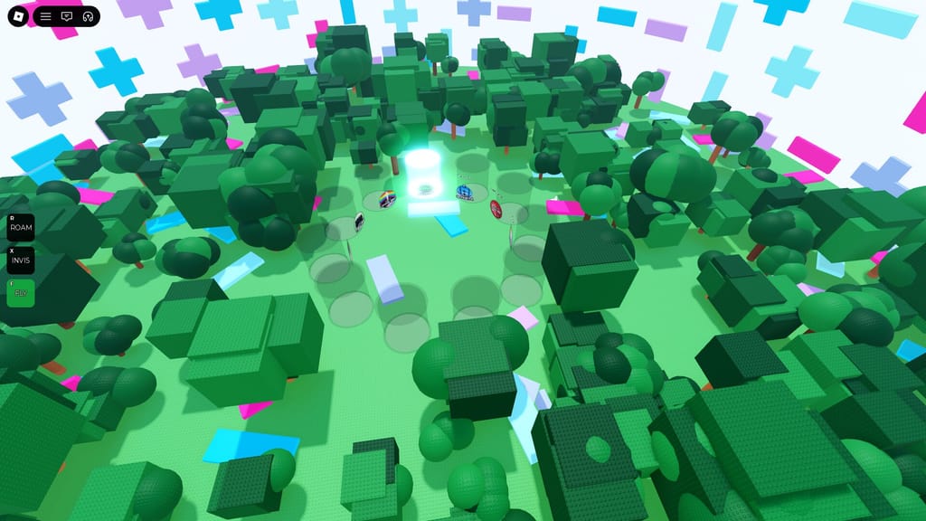 A high aerial view of Emilie's Games showing the glowing central portal ring surrounded by a dense colorful forest.