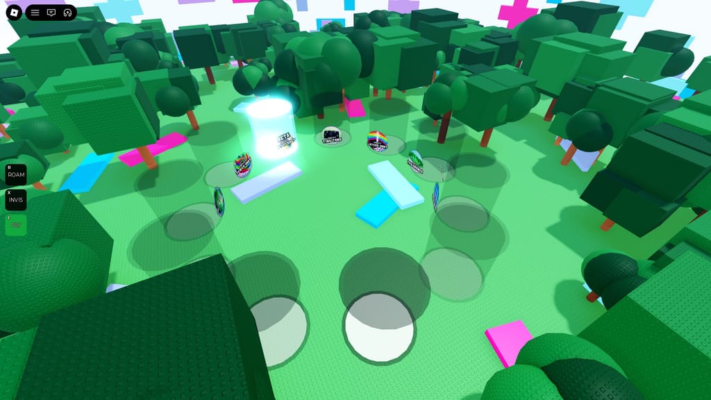 An angled aerial view of the circular game portal stations and glowing teleport beam in Emilie's Games.