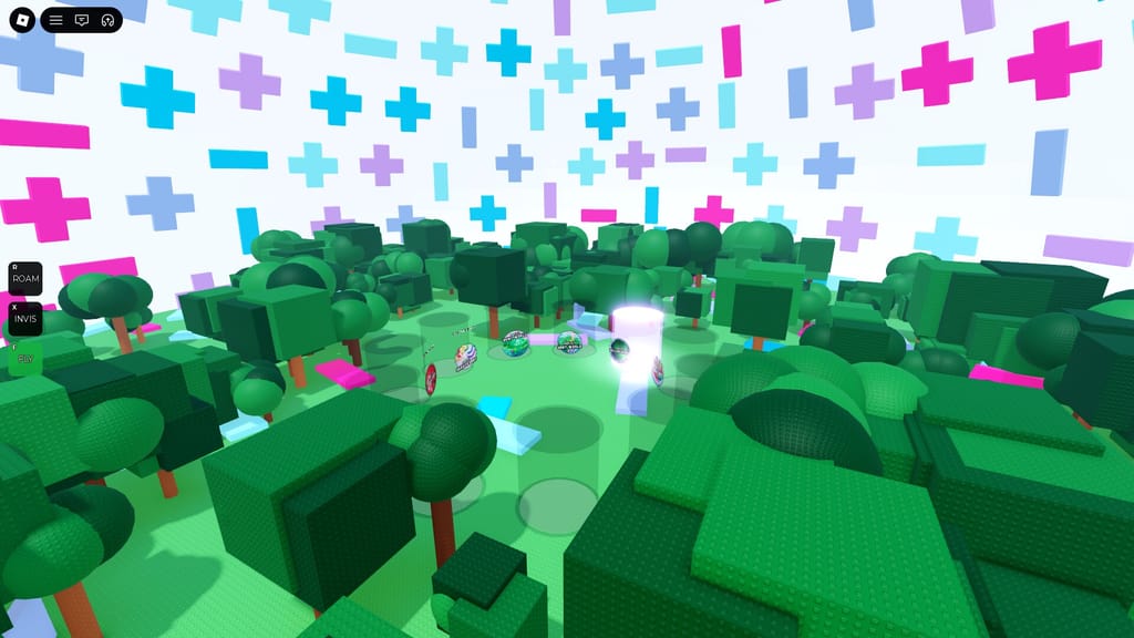 A wide aerial view across the forest and central portal clearing beneath the colorful plus-pattern dome in Emilie's Games.