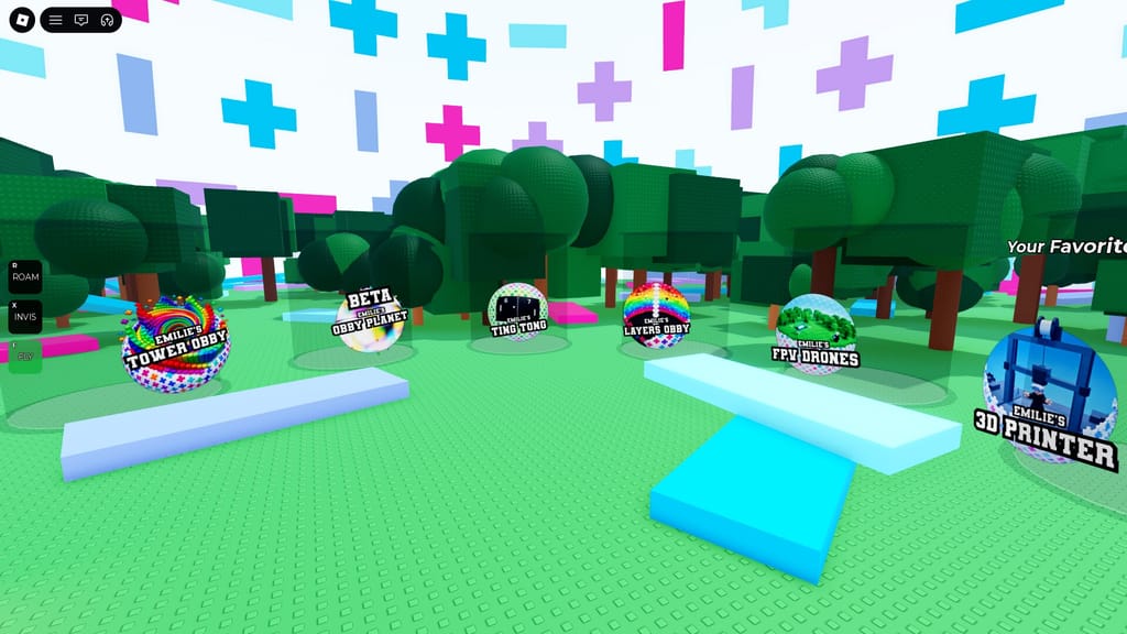 A ground-level view of colorful game portals inside Emilie's Games, including Tower Obby, Obby Planet, Ting Tong, Layers Obby, FPV Drones, and 3D Printer.