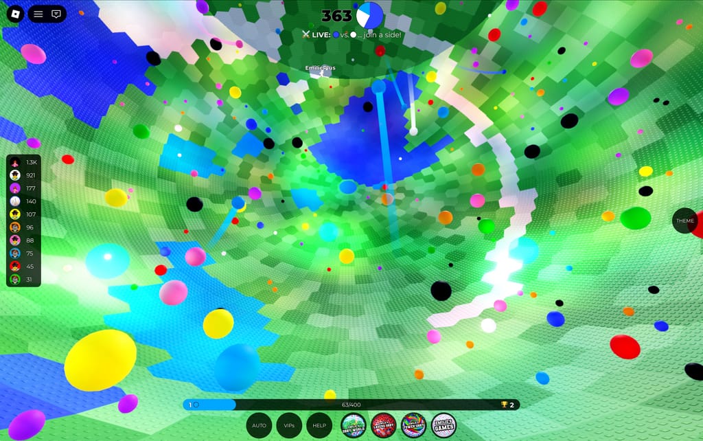 A blue team view inside Emilie's Hollow World with paint spheres, long color trails, and blue painted regions covering the curved arena.