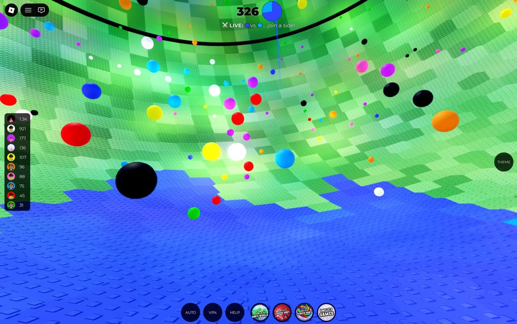 Colorful paint spheres floating above a freshly painted blue section inside Emilie's Hollow World during a live match.