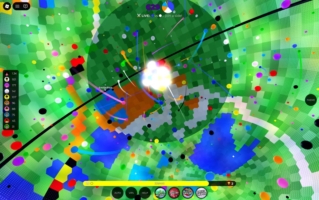 A live color battle inside Emilie's Hollow World with hundreds of bright paint spheres, colorful trails, and a glowing burst above the curved arena.