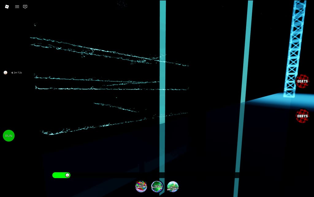 A dark cyan Lasers Obby level with crackling electric laser walls, glowing support beams, and a tall tower frame.