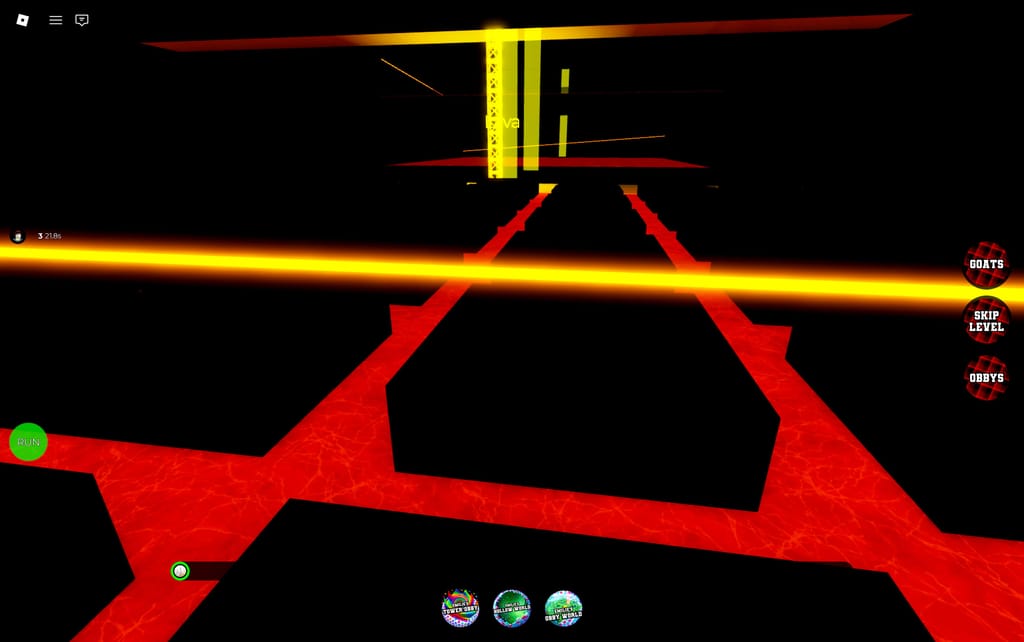 An orange Lasers Obby course with black platforms over glowing lava and a bright horizontal laser crossing the route.