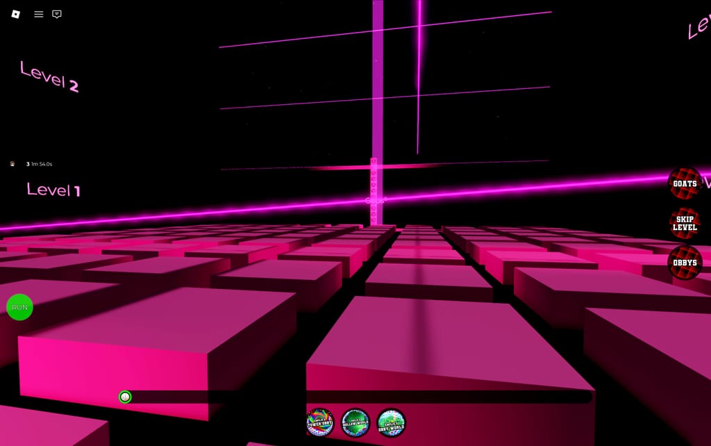 A low view across pink platforms and glowing laser beams inside Levels 1 and 2 of Emilie's Lasers Obby.