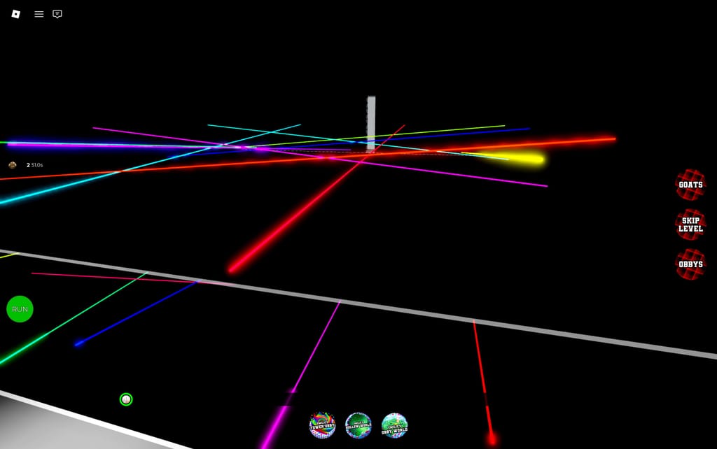 A dark Lasers Obby level filled with crossing red, cyan, pink, green, blue, yellow, and white laser beams.