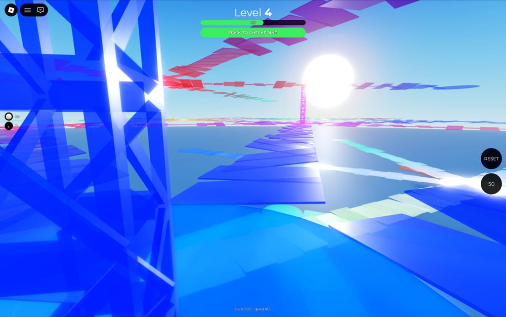 First-person view beside a translucent blue tower with branching blue and pink routes in Emilie's Layers Obby at level four.