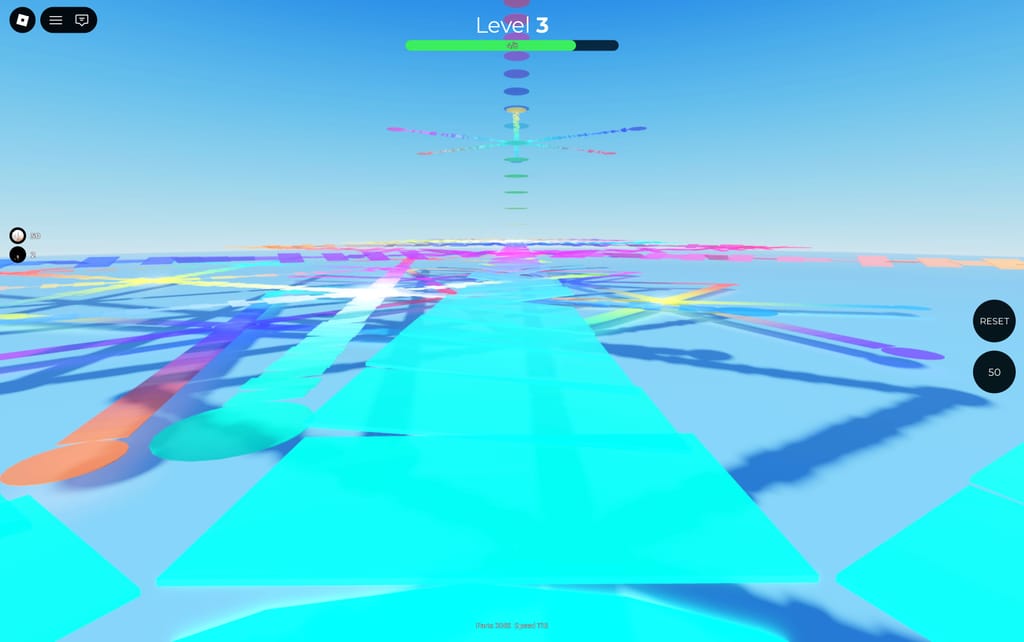 First-person view along a glowing cyan bridge with dozens of branching rainbow routes in Emilie's Layers Obby at level three.