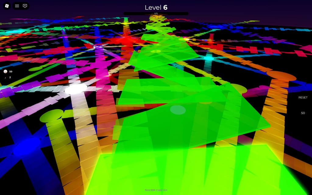 Night-time first-person view along a glowing green path surrounded by neon rainbow routes in Emilie's Layers Obby at level six.
