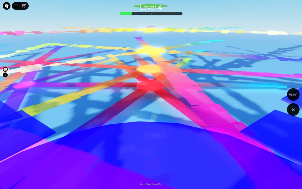 Wide first-person view across intersecting pink, orange, yellow, cyan, and purple bridge routes in Emilie's Layers Obby at level four.