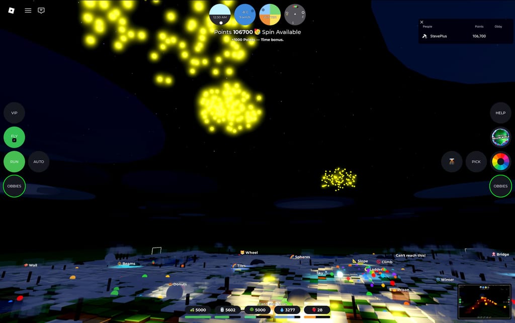 A high nighttime view across Emilie's Obby World during winter as clusters of glowing golden spheres fill the sky above the snowy landscape.