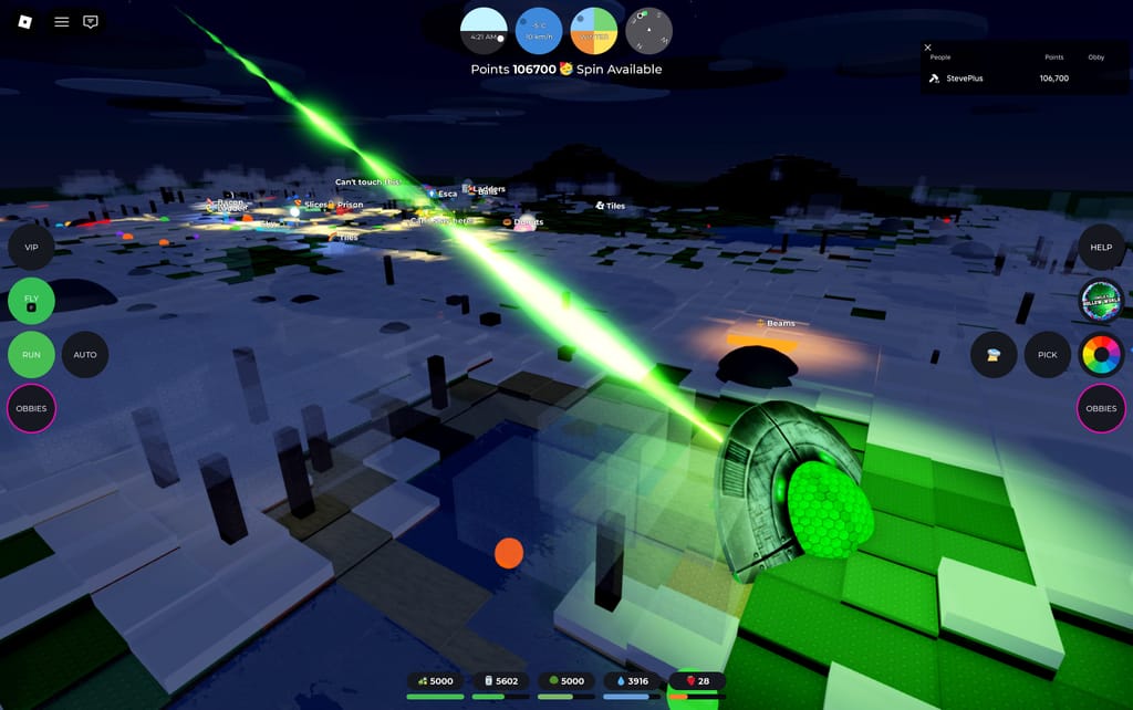 A nighttime winter view across Emilie's Obby World as a bright green UFO beam shines over snowy terrain and named obby areas.