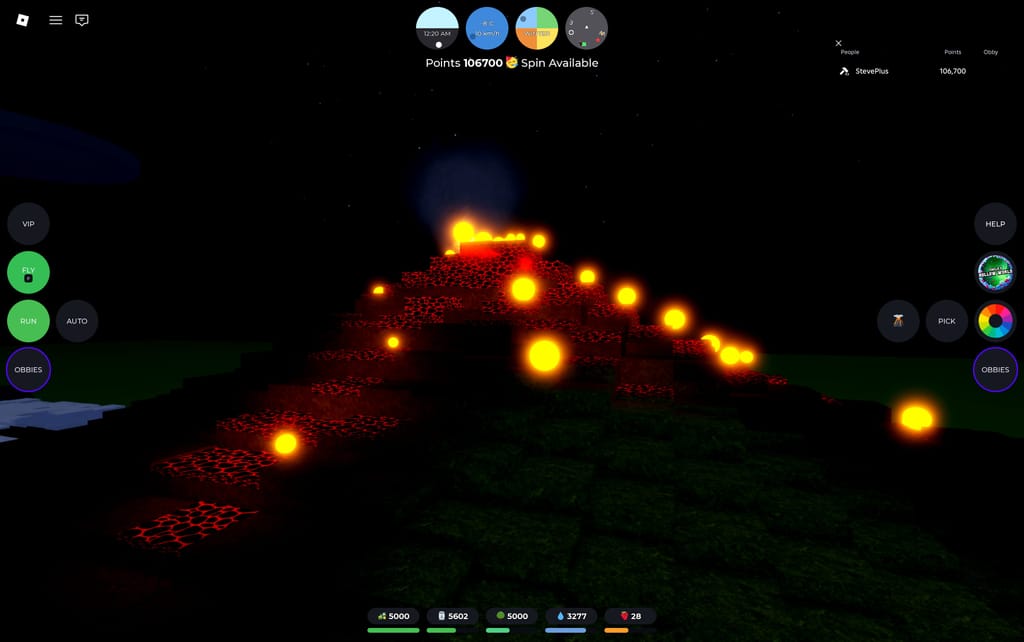 A nighttime view of a dark mountain in Emilie's Obby World with glowing lava tiles and golden spheres scattered across its slopes.