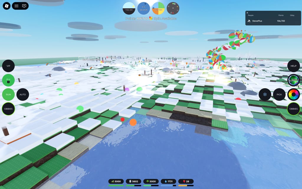 A bright winter daytime view across Emilie's Obby World with snowy terrain, frozen water, named obbies, and a tall trail of colorful beach balls.