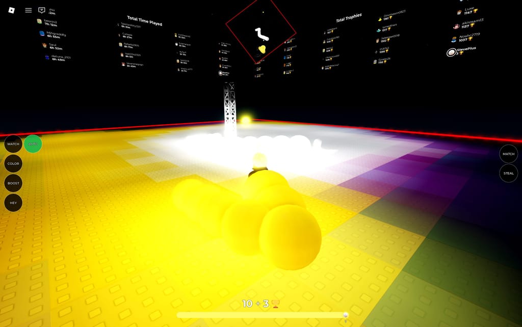 A glowing yellow snake crossing Emilie's Snakes Obby arena while a bright white snake trail grows near the center and public record boards surround the match.
