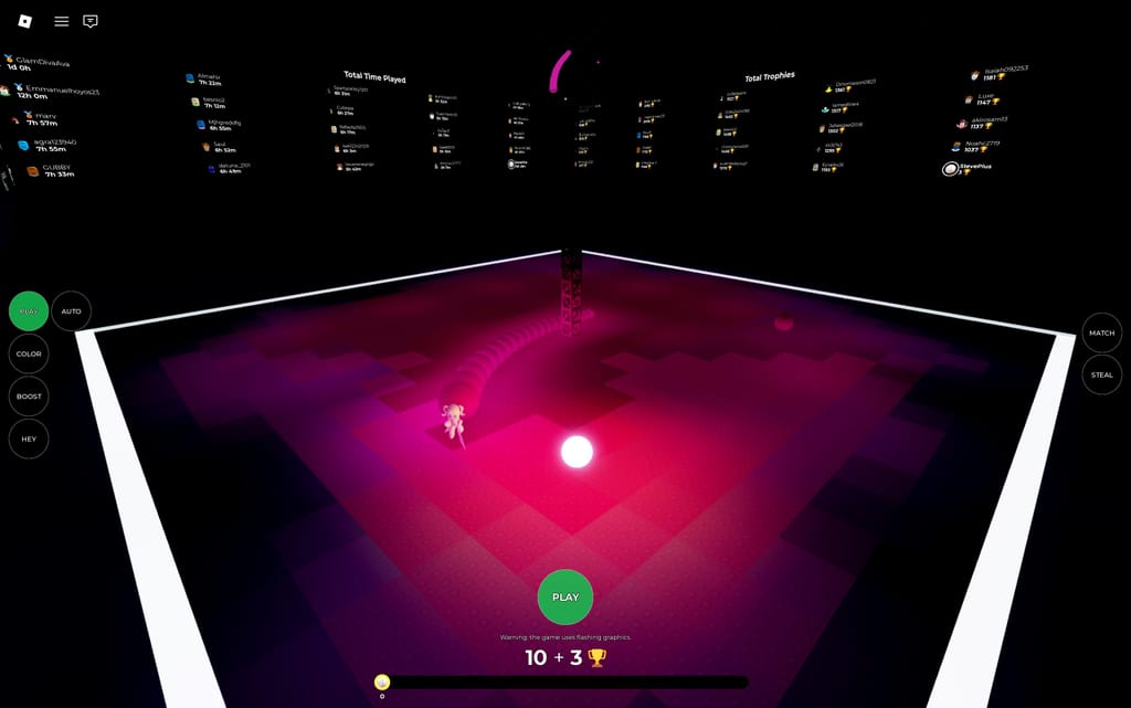 A wide view of a pink snake and glowing white sphere inside Emilie's Snakes Obby arena beneath the public time and trophy record boards.