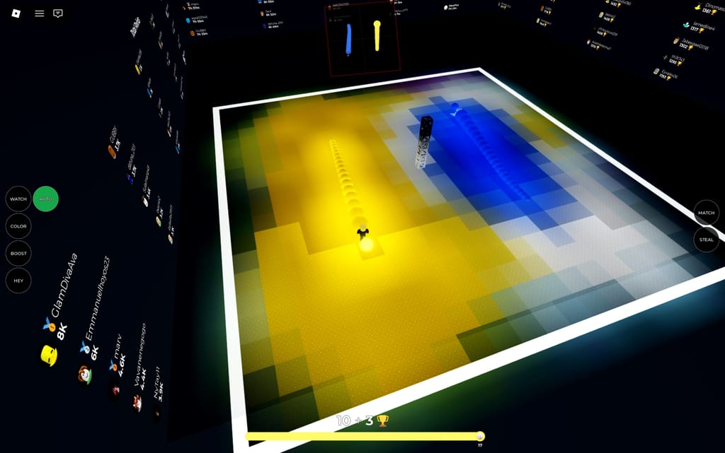An aerial view of Emilie's Snakes Obby showing long yellow and blue snakes painting opposite sides of the arena beneath the public leaderboards.