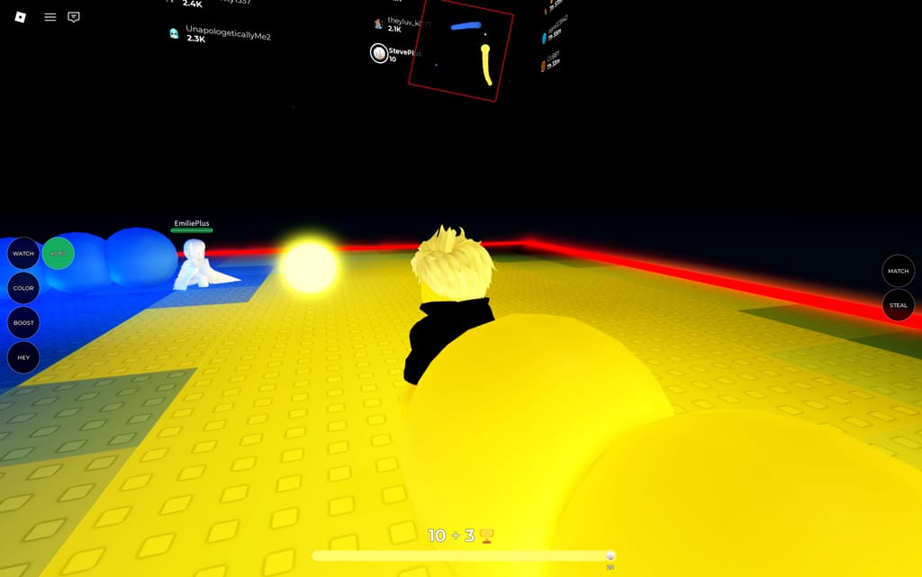 A yellow snake and glowing matching sphere on the yellow side of Emilie's Snakes Obby arena beside the blue team's painted area.