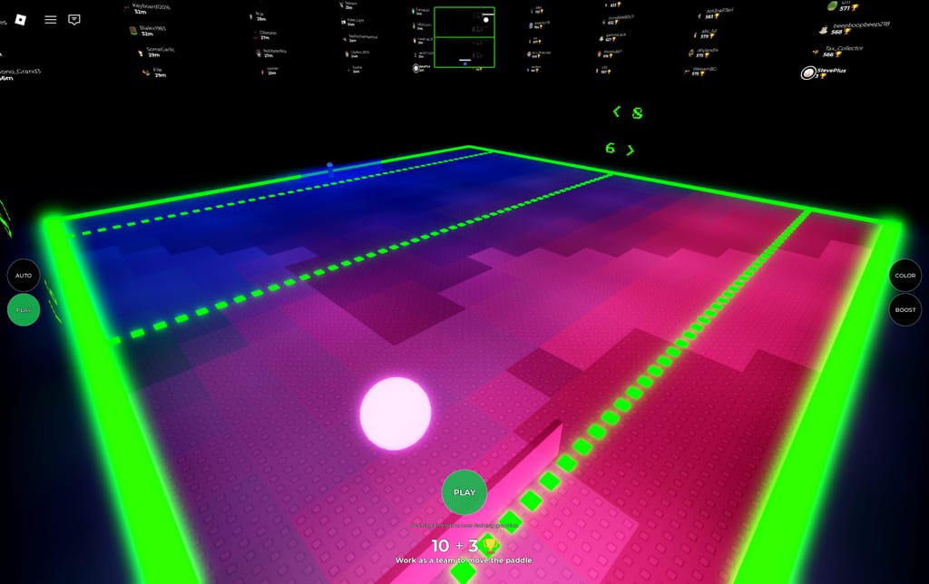 A high spectator view across Emilie's Ting Tong arena with the glowing ball, painted team colors, and public display-name leaderboards.