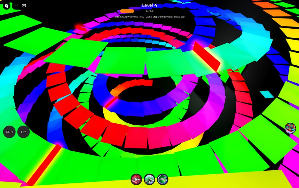 A high view across twisting rainbow staircases and glowing red hazard bars in Emilie's Tower Obby at Level 4.