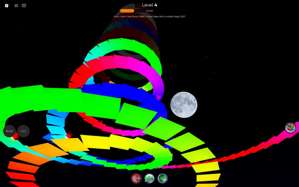 A moonlit view looking up through tall rainbow staircase rings in Emilie's Tower Obby at Level 4.
