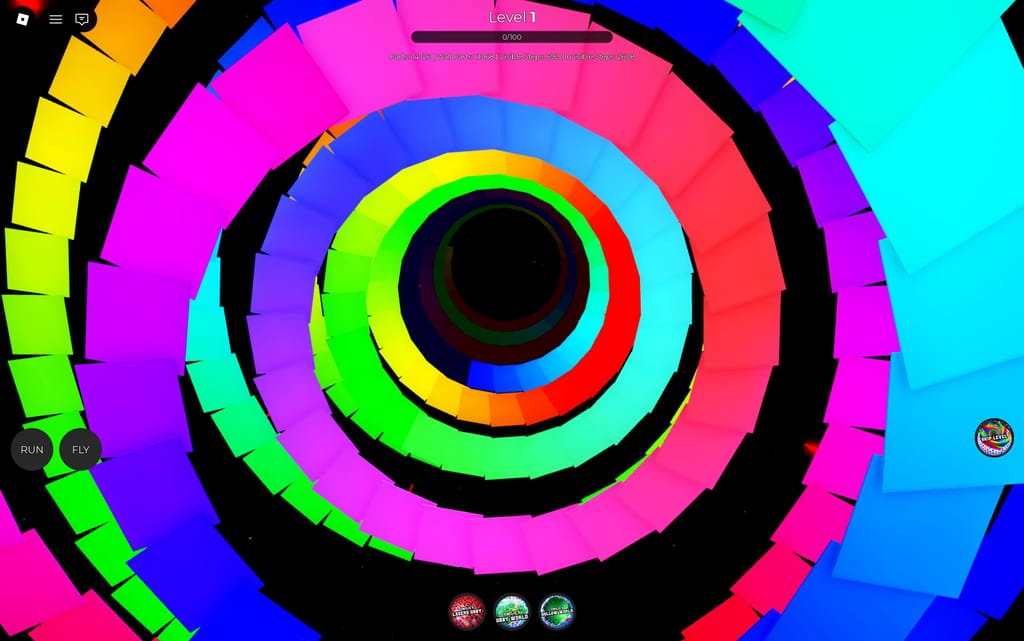 A view through the center of concentric rainbow staircase rings in Emilie's Tower Obby at Level 1.
