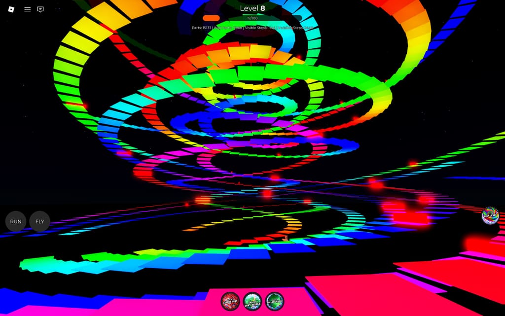 A wide view of many colorful spiral staircases and glowing hazards in Emilie's Tower Obby at Level 8.